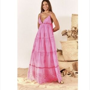 Pink Eyelet Tiered Maxi Dress - Women